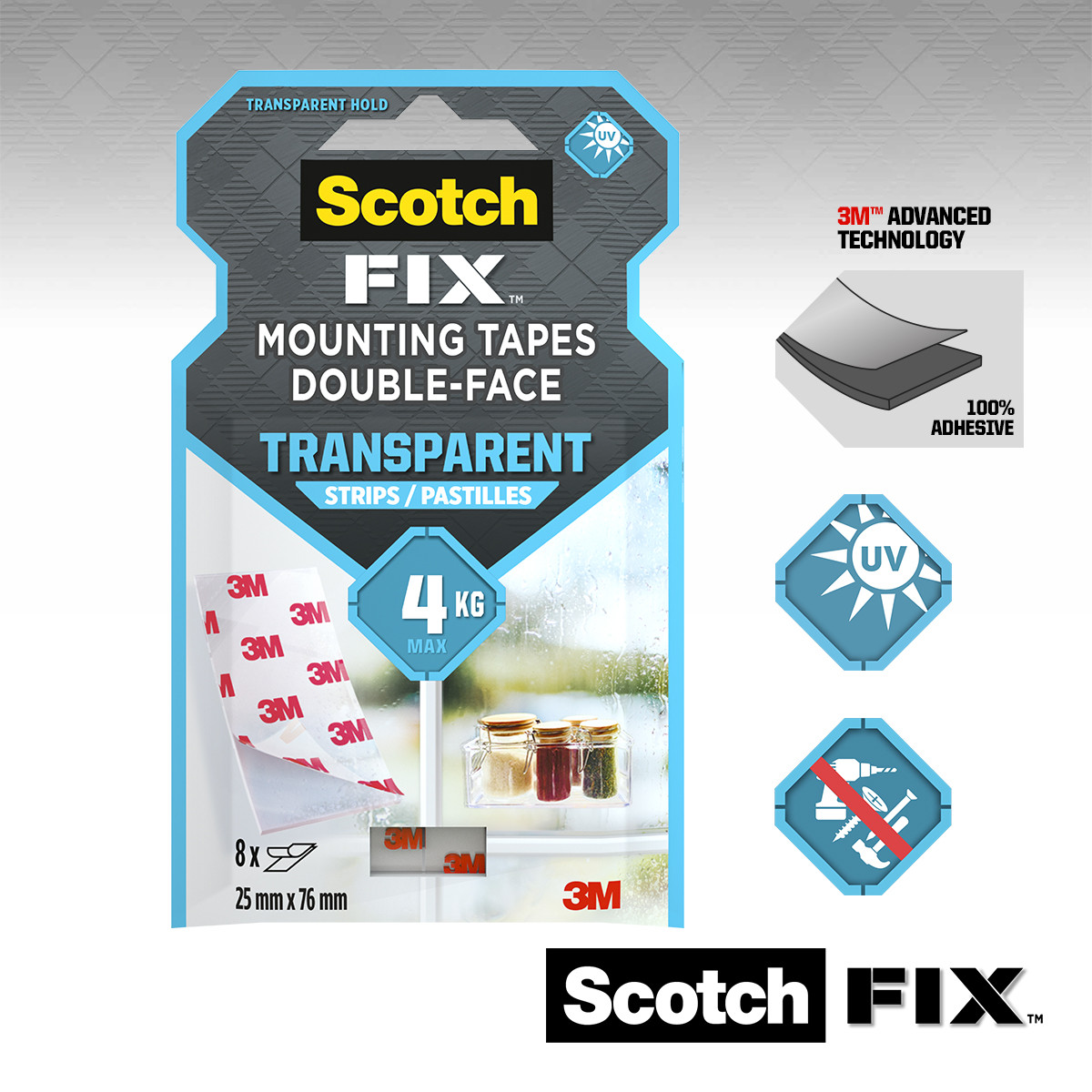 Paski montażowe dwustronne przezroczyste Scotch-Fix™ 25 mm x 76 mm 8 pasków